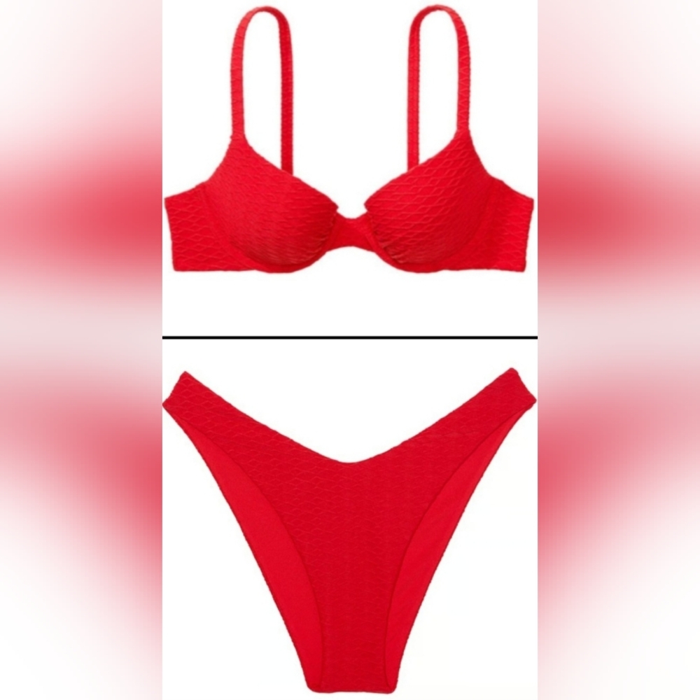 34C/S/M VS Swim Icon PushUp Bikini Top Brazilian Bikini Set Red Fishnet
